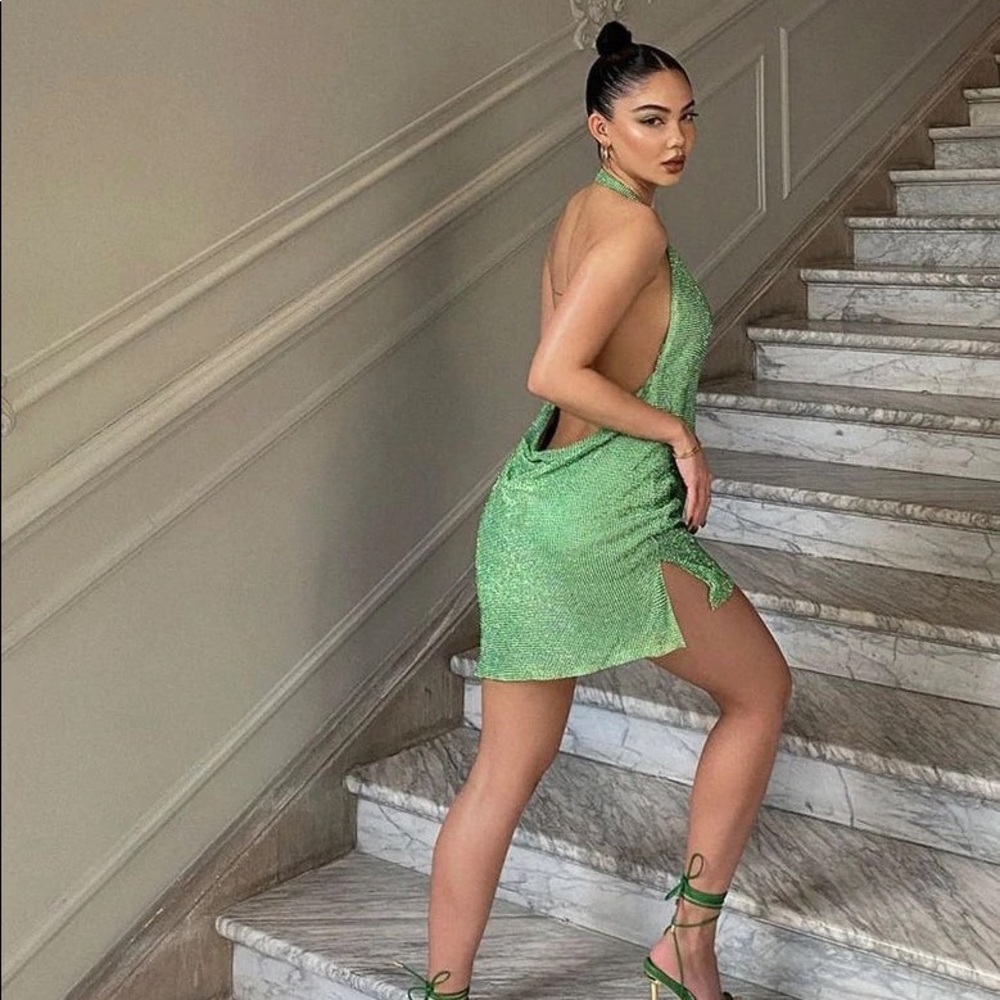 MESHKI Meilani low back diamante mesh mini dress - green